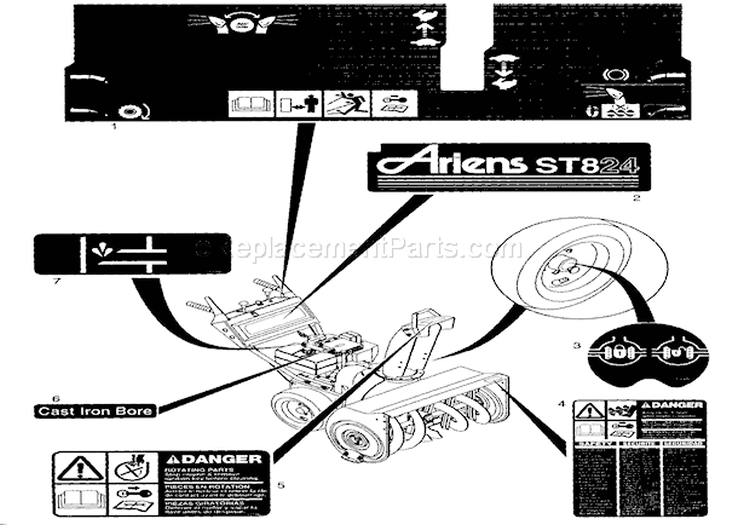 Decals Diagram and Parts List for 924107 000101 Ariens Snow Blower
