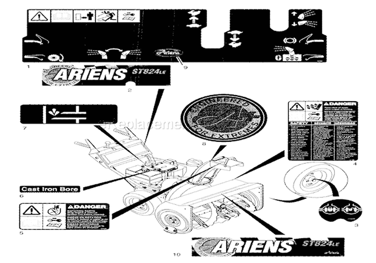 Decals Diagram and Parts List for 924111 000101 Ariens Snow Blower