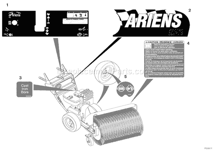 Decals Diagram and Parts List for 924507 000800 Ariens Snow Blower