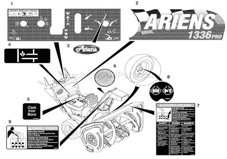 Decals Diagram and Parts List for 924117 000101 Ariens Snow Blower