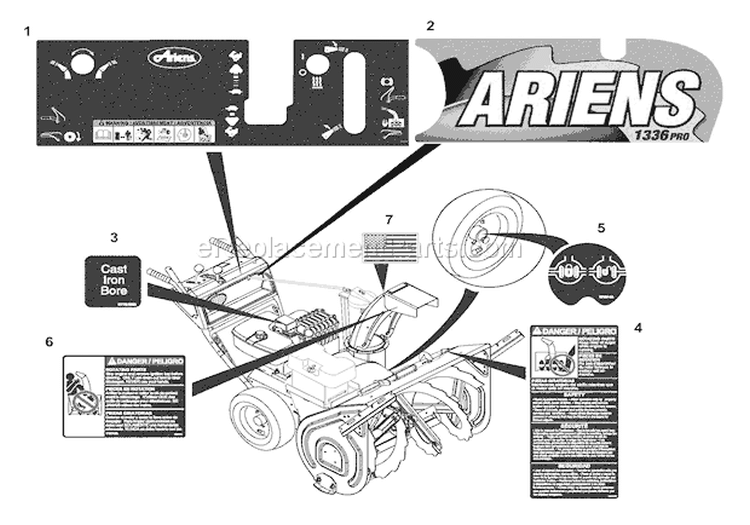 Decals Diagram and Parts List for 924125 000101 Ariens Snow Blower