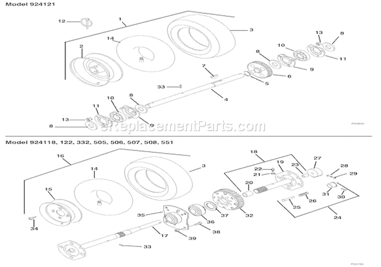 Wheels And Axle Diagram and Parts List for 924121 000101 Ariens Snow Blower