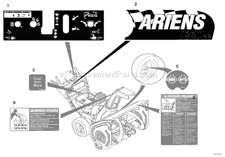 Decals Diagram and Parts List for 924121 000101 Ariens Snow Blower