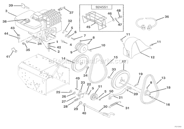 Engine And Belt Drive Diagram and Parts List for 924121 000101 Ariens Snow Blower