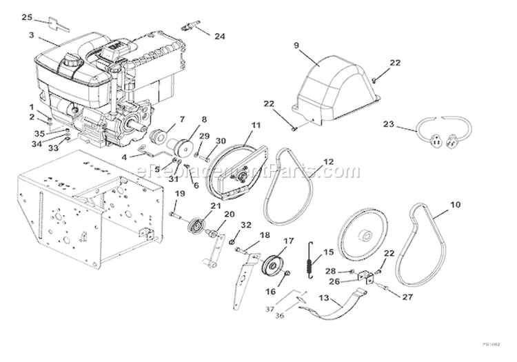 Engine And Belt Drive Diagram and Parts List for 926003 000101 Ariens Snow Blower