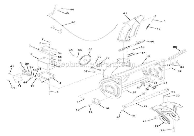 Chute, Auger And Battery Diagram and Parts List for 926001 002634 Ariens Snow Blower