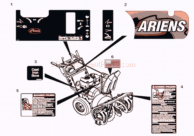 Decals Diagram and Parts List for 926009 002001 Ariens Snow Blower