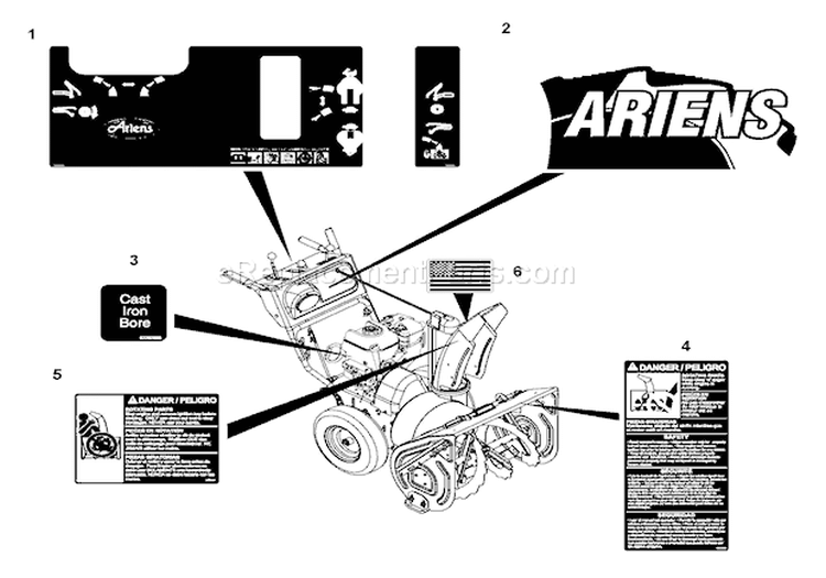 Decals Diagram and Parts List for 926008 000101 Ariens Snow Blower