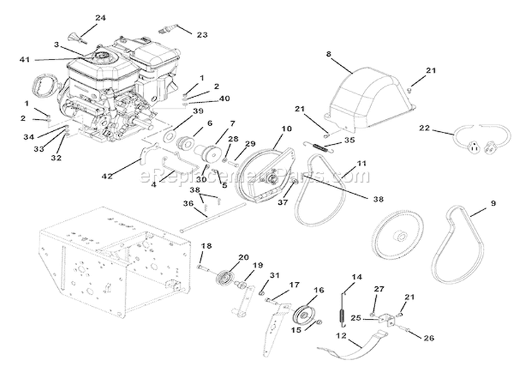 Engine And Belt Drive Diagram and Parts List for 926008 000101 Ariens Snow Blower