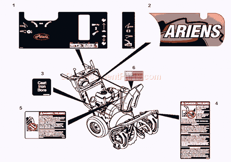 Decals Diagram and Parts List for 926010 000501 Ariens Snow Blower