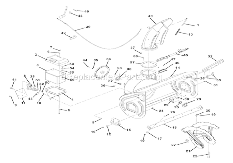 Chute, Auger And Battery Diagram and Parts List for 926001 010001 Ariens Snow Blower