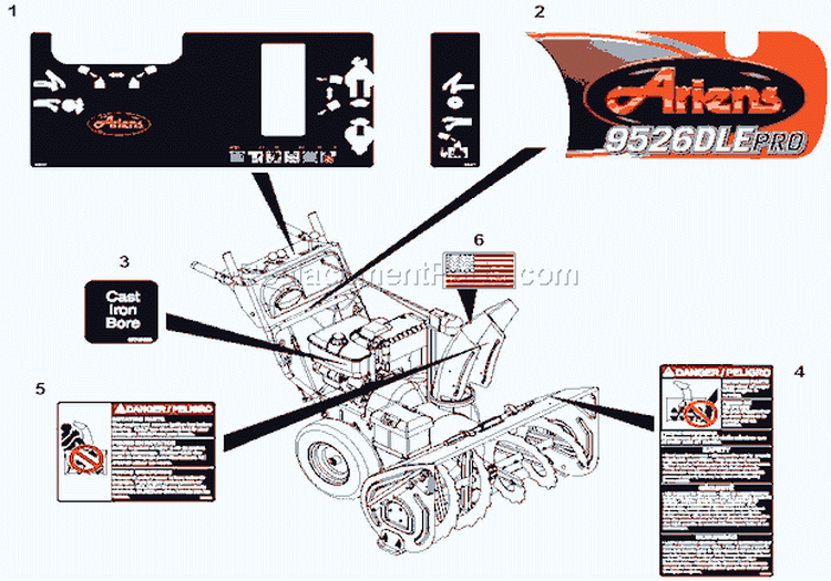 Decals Diagram and Parts List for 926016 000201 Ariens Snow Blower