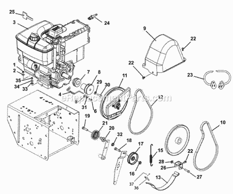 Engine And Belt Drive Diagram and Parts List for 926102 000101 Ariens Snow Blower