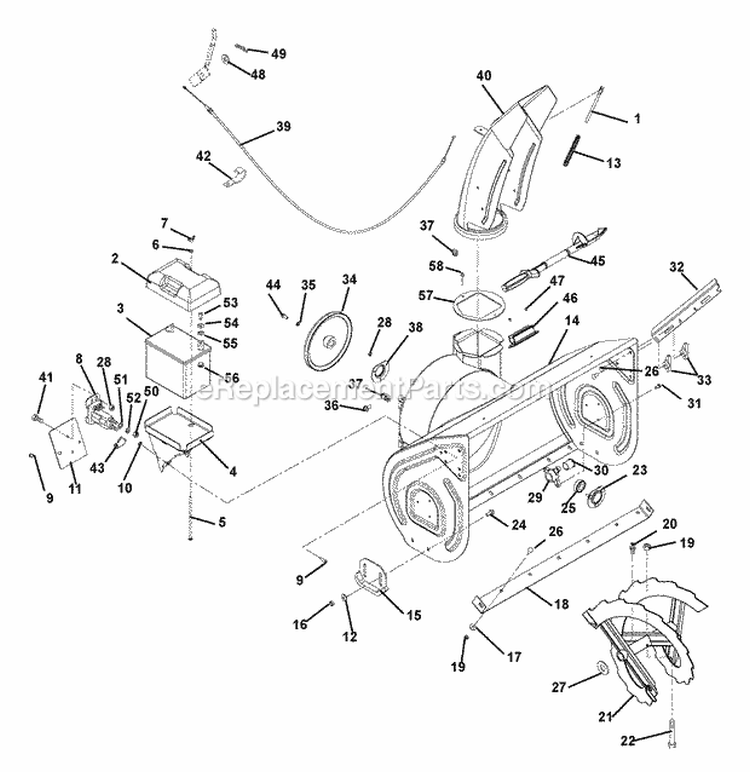 Chute, Auger And Battery Diagram and Parts List for 926301 002001 Ariens Snow Blower
