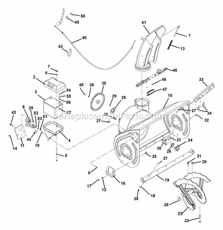 Chute, Auger And Battery Diagram and Parts List for 926102 002381 Ariens Snow Blower
