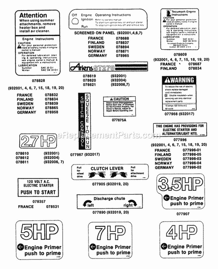 Decals (Part 3) Diagram and Parts List for 932006 058301 Ariens Snow Blower