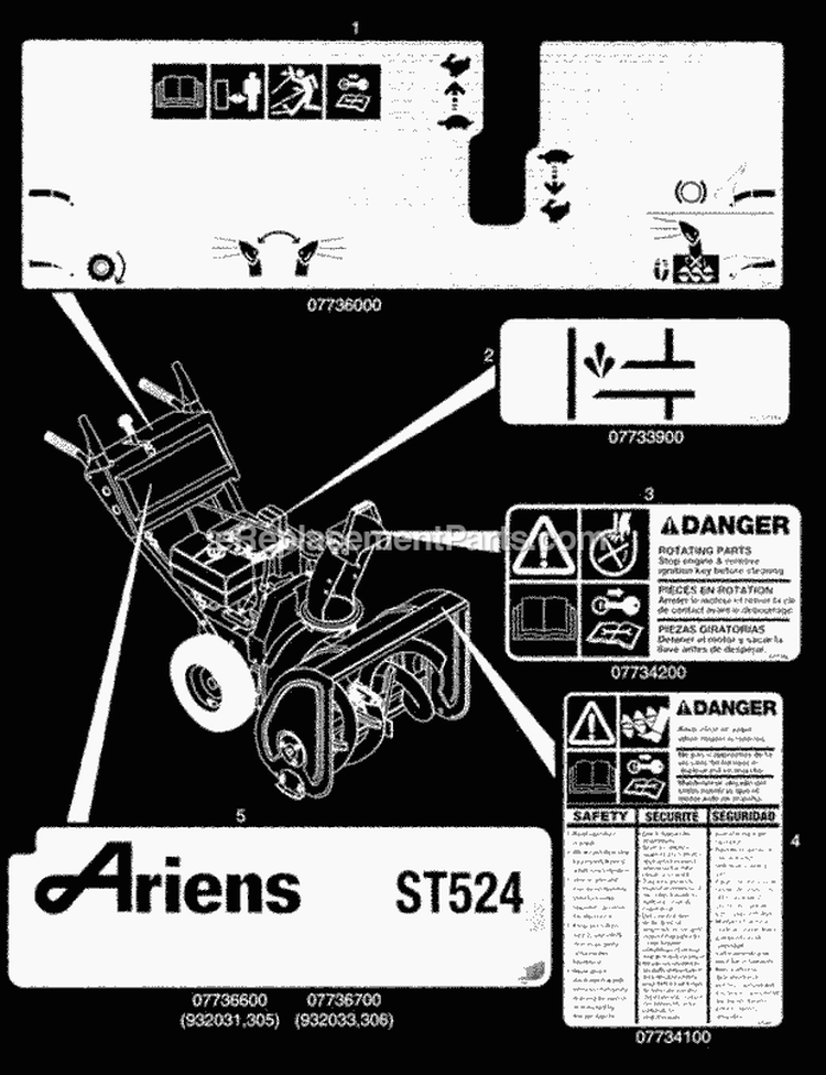 Decals Diagram and Parts List for 932031 002200 Ariens Snow Blower