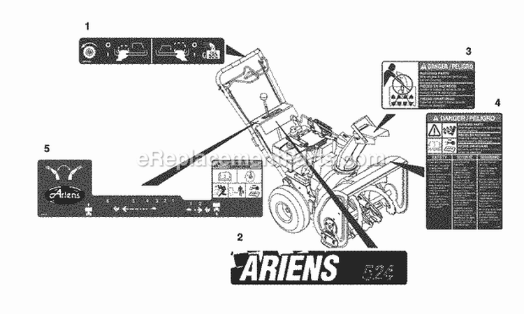 Decals Diagram and Parts List for 932036 000101 Ariens Snow Blower