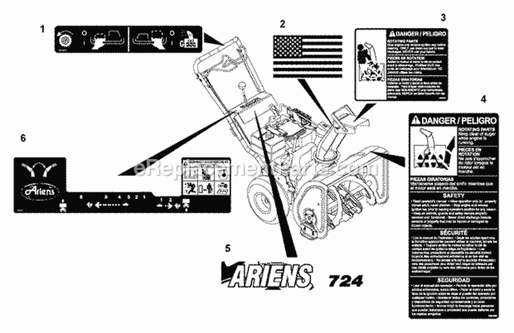 Decals Diagram and Parts List for 932037 004501 Ariens Snow Blower