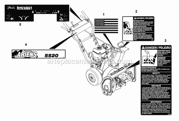 Decals Diagram and Parts List for 932043 000101 Ariens Snow Blower