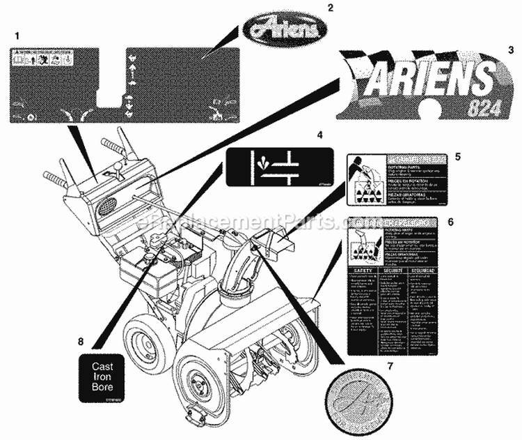 Decals - 724/824 Diagram and Parts List for 932101 000101 Ariens Snow Blower