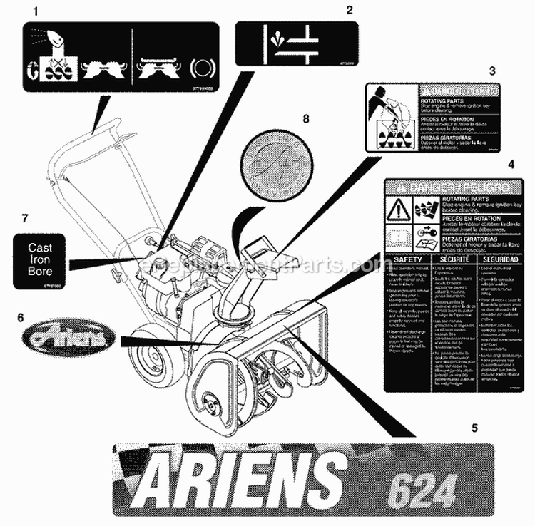 Decals - 520/624 Diagram and Parts List for 932102 000101 Ariens Snow Blower
