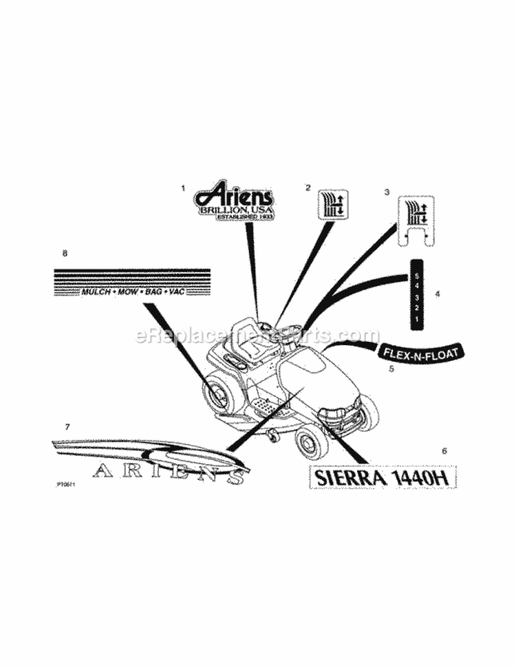 Frame & Rear Lawn Tractor Diagram and Parts List for 936019 000901 Ariens Lawn Tractor