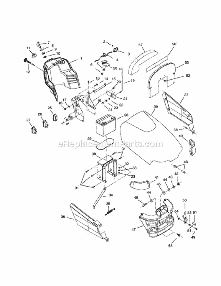 Hood, Dash & Battery Diagram and Parts List for 936019 000101 Ariens Lawn Tractor