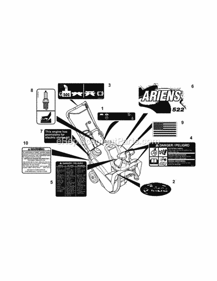 Decals Diagram and Parts List for 938019 007001 Ariens Snow Blower