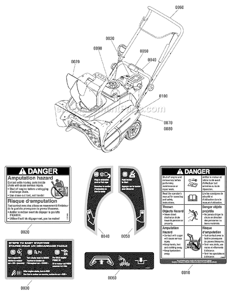 Decal Diagram and Parts List for 938022 000101 Ariens Snow Blower