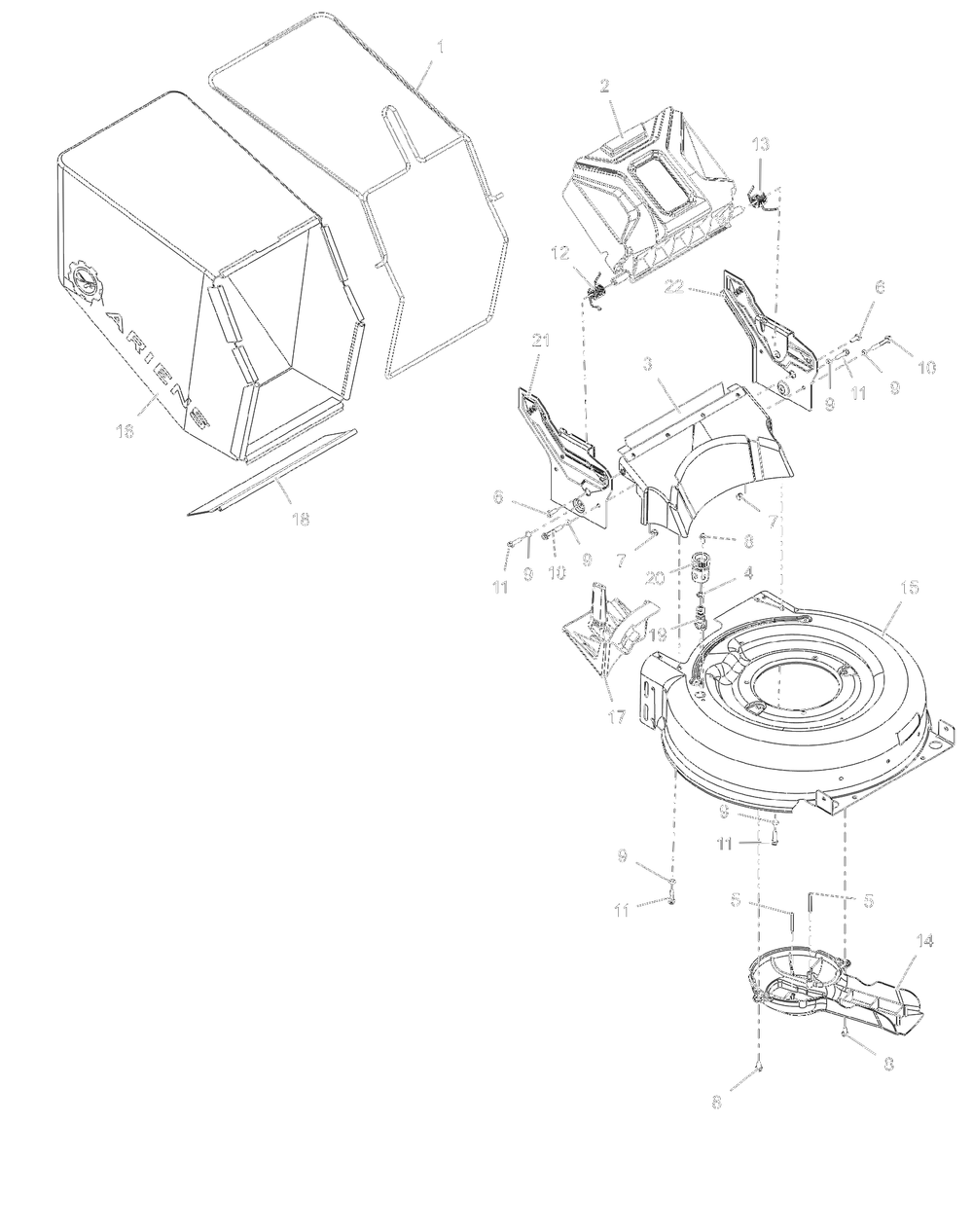 Mower Deck And Bag Diagram and Parts List for 911608 000101 - 031999 Ariens Lawn Mower