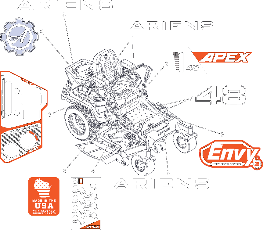 Decals - Style - 48-Inch Diagram and Parts List for 991296 100000 + Ariens Lawn Tractor