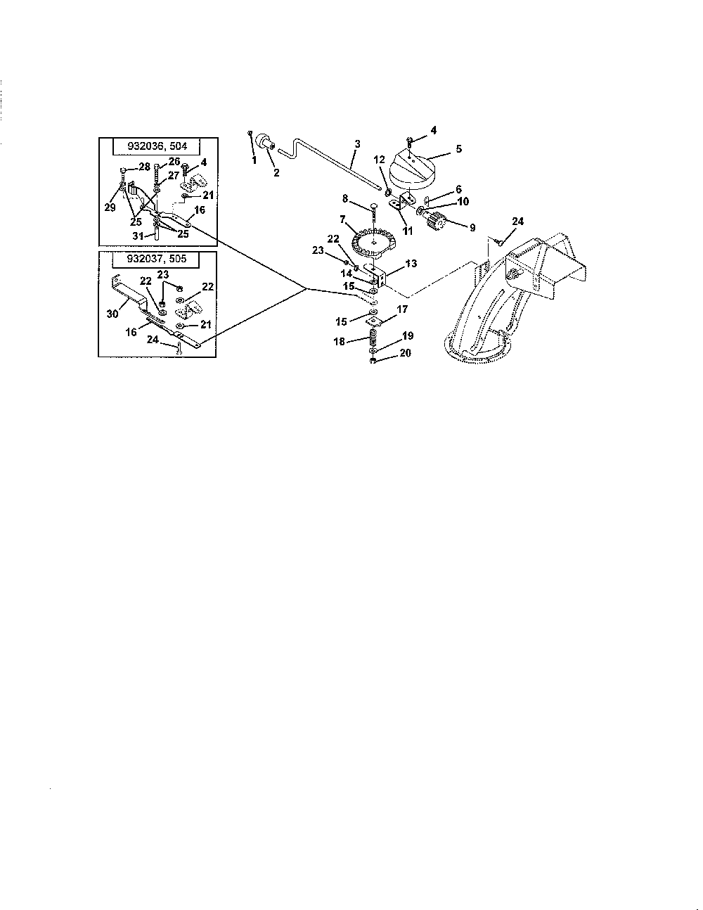 Discharge chute crank Diagram and Parts List for 93203700  Ariens Snow Blower