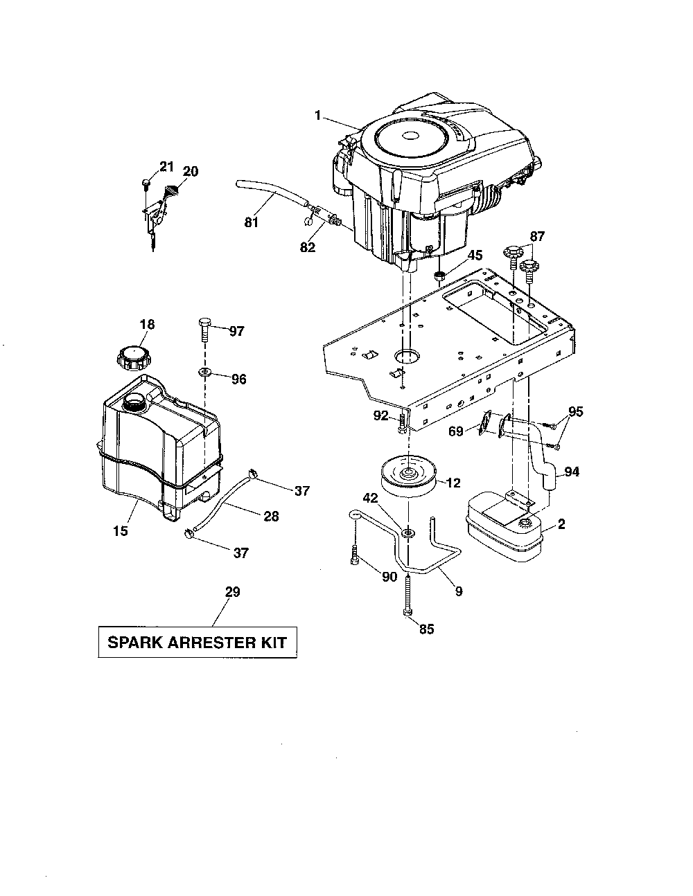 Engine Diagram and Parts List for 93603800  Ariens Lawn Tractor