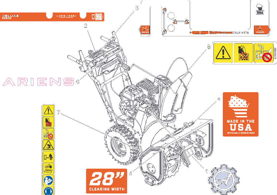 Decals - 28-Inch Diagram and Parts List for 921070  Ariens Snow Blower