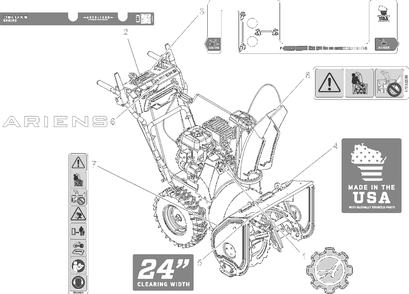Decals - 24-Inch Diagram and Parts List for 921069  Ariens Snow Blower