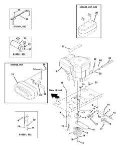 Engine, Exhaust, Belts And Idlers Diagram and Parts List for 915067 (010000 & Above)(1740) Ariens Lawn Tractor