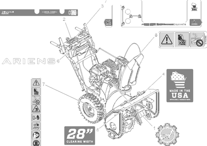 Decals - 28-Inch Diagram and Parts List for 921070  Ariens Snow Blower