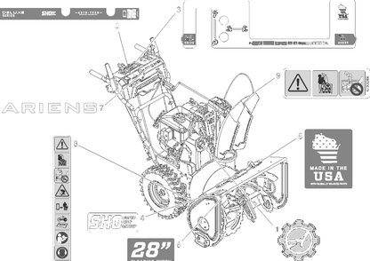 Decals - 28-Inch - Sho Diagram and Parts List for 921072  Ariens Snow Blower