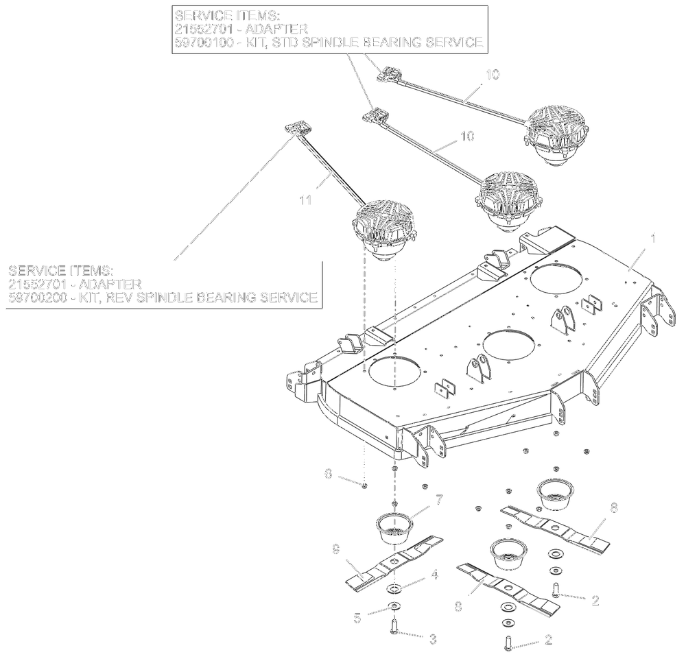Deck, Blades And Spindle Motors - 52-Inch - Rd Diagram and Parts List for 998305 000101 - 000499 Ariens Lawn Tractor