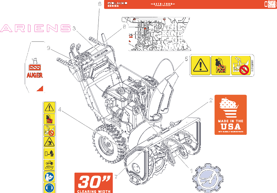 Decals - 30-Inch Diagram and Parts List for 921071  Ariens Snow Blower