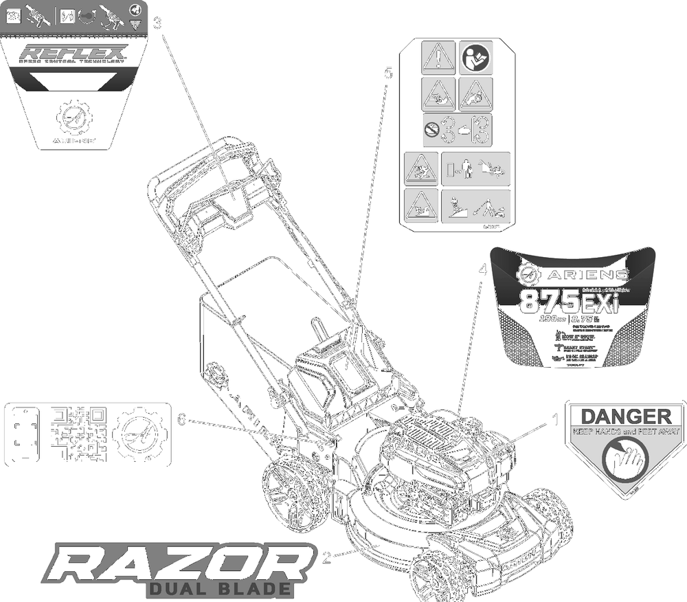 Decals Diagram and Parts List for 911614 000101 - 007499 Ariens Lawn Mower