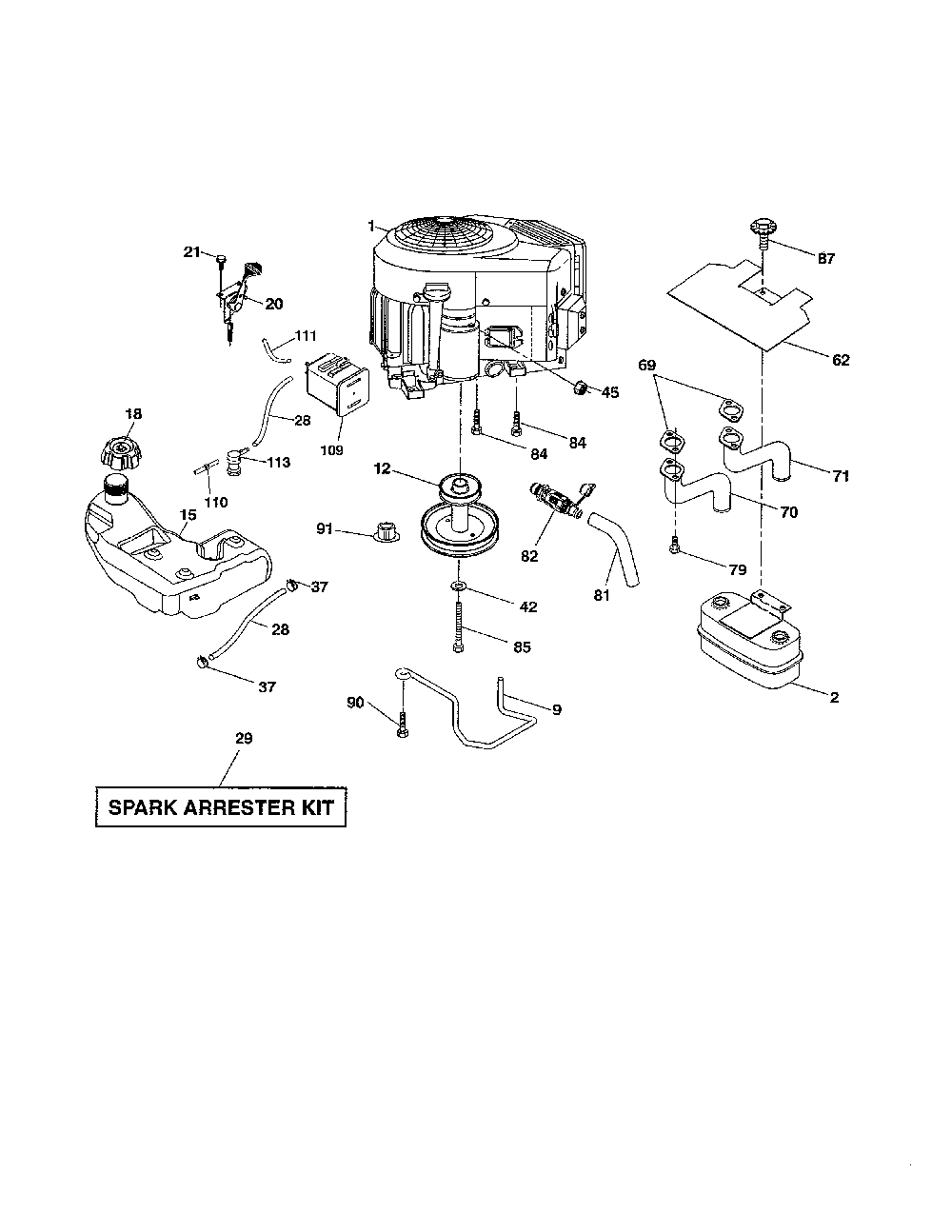 Engine Diagram and Parts List for 96046001600  Ariens Lawn Tractor