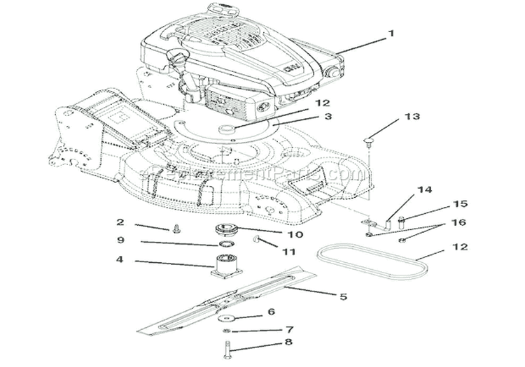 Engine, Blade And Belt Diagram and Parts List for 911156 000101 Ariens Lawn Mower