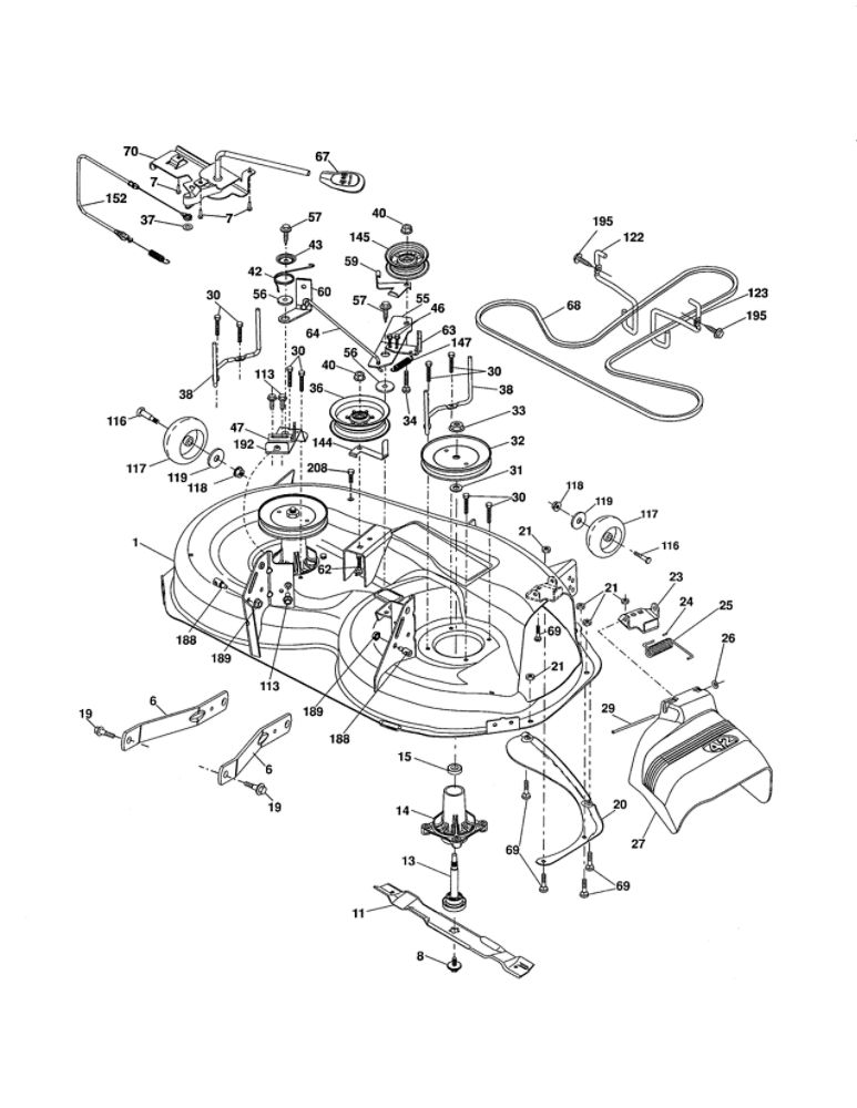 Mower Deck Diagram and Parts List for 96046001001  Ariens Lawn Tractor