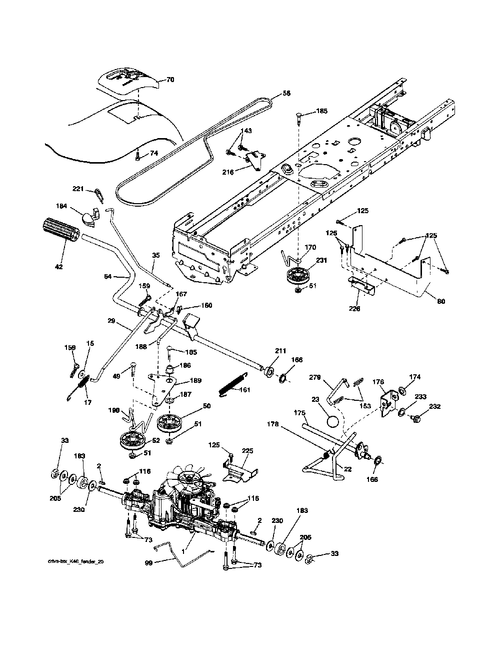 Drive Diagram and Parts List for A2246YT 96046001700 Ariens Lawn Tractor