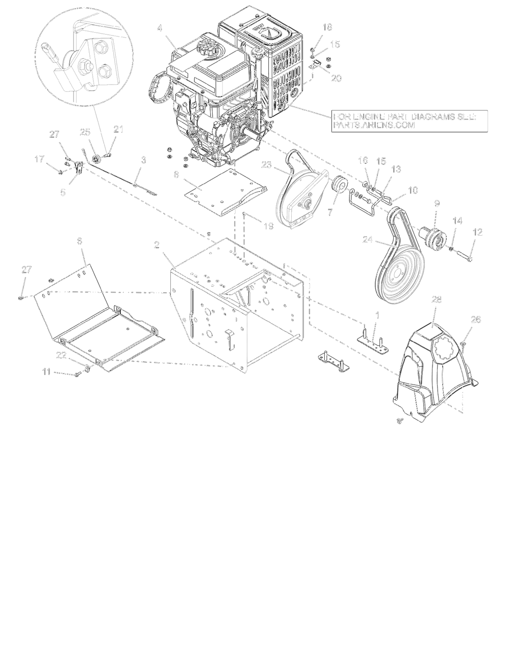 Engine, Frame And Belt Drive - Ax252 Diagram and Parts List for 921072  Ariens Snow Blower