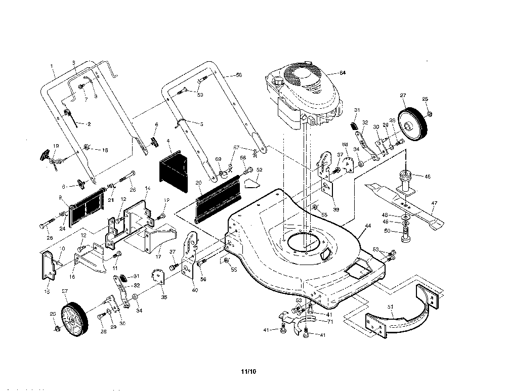 Engine/Housing/Handle Diagram and Parts List for A173K22 96146000600 Ariens Lawn Mower