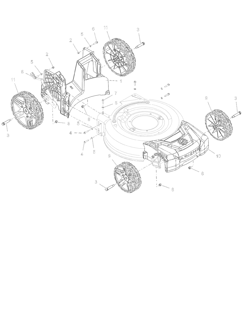 Wheels, Front Cover And Baffle Diagram and Parts List for 911607 003500 + Ariens Lawn Mower