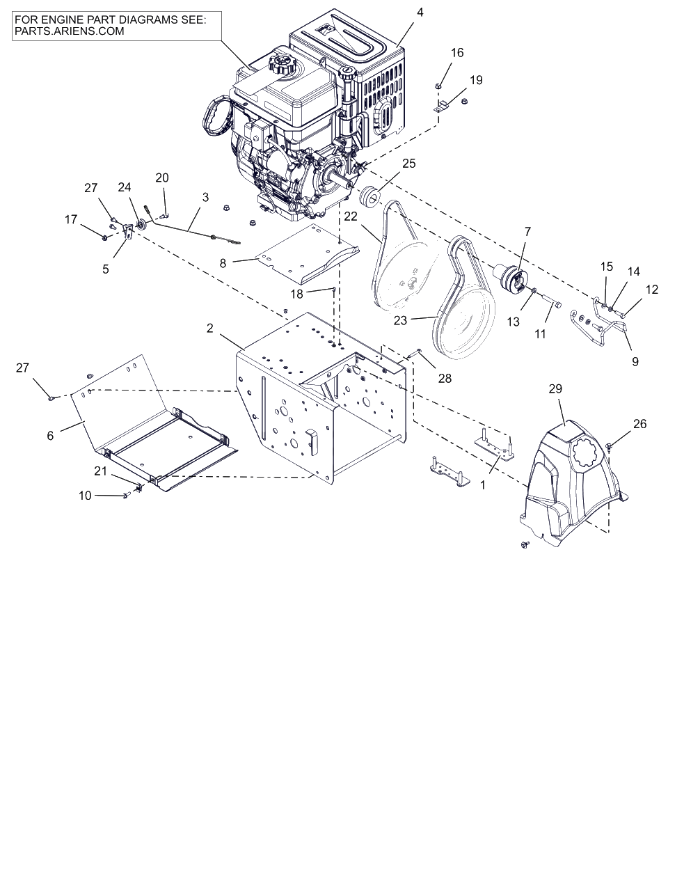 Engine, Frame And Belt Drive Diagram and Parts List for 926093 000101 & Above Ariens Snow Blower